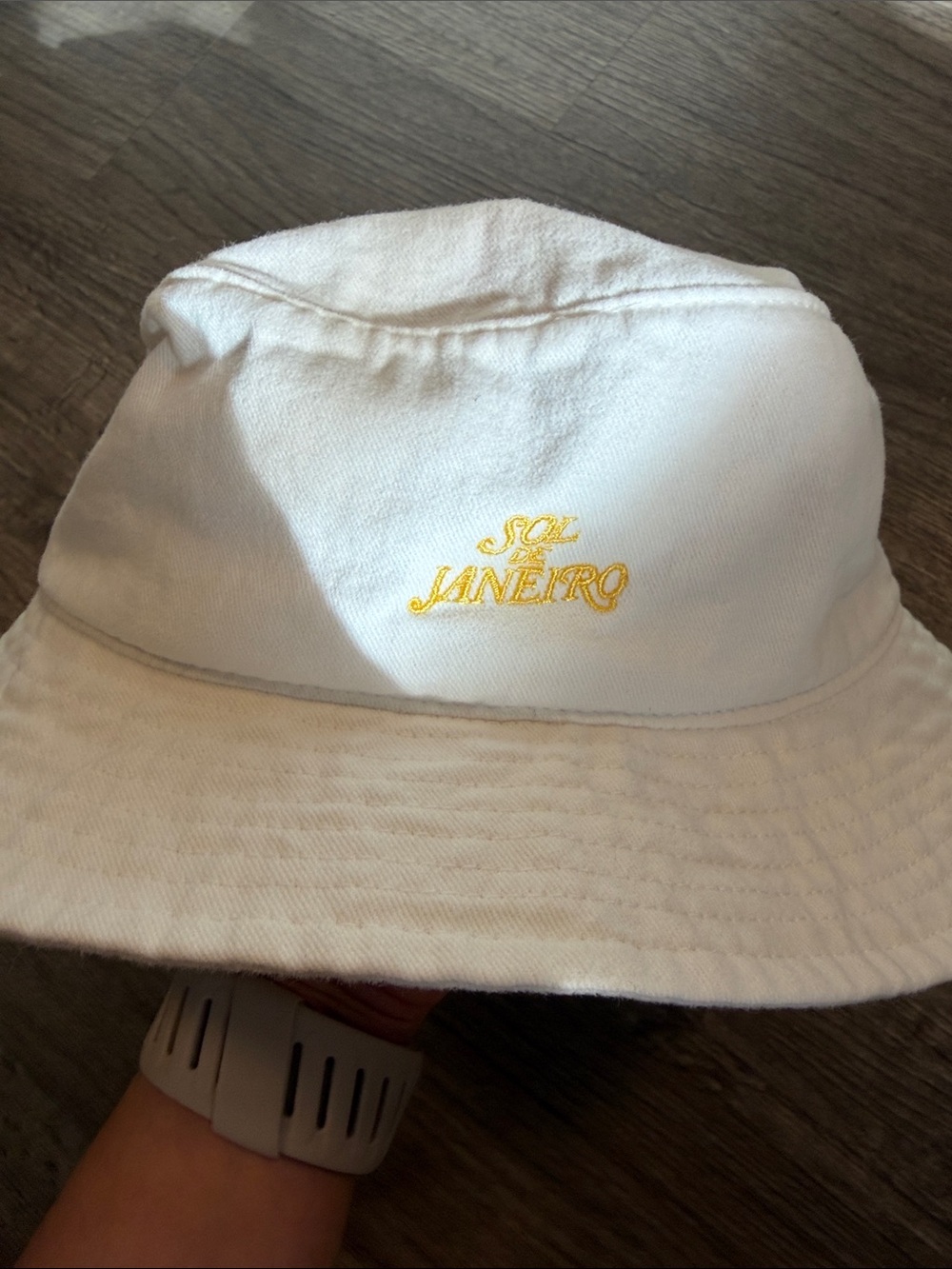 Sol de Janeiro White Yellow Embroidered Logo Bucket Hat 100% Cotton